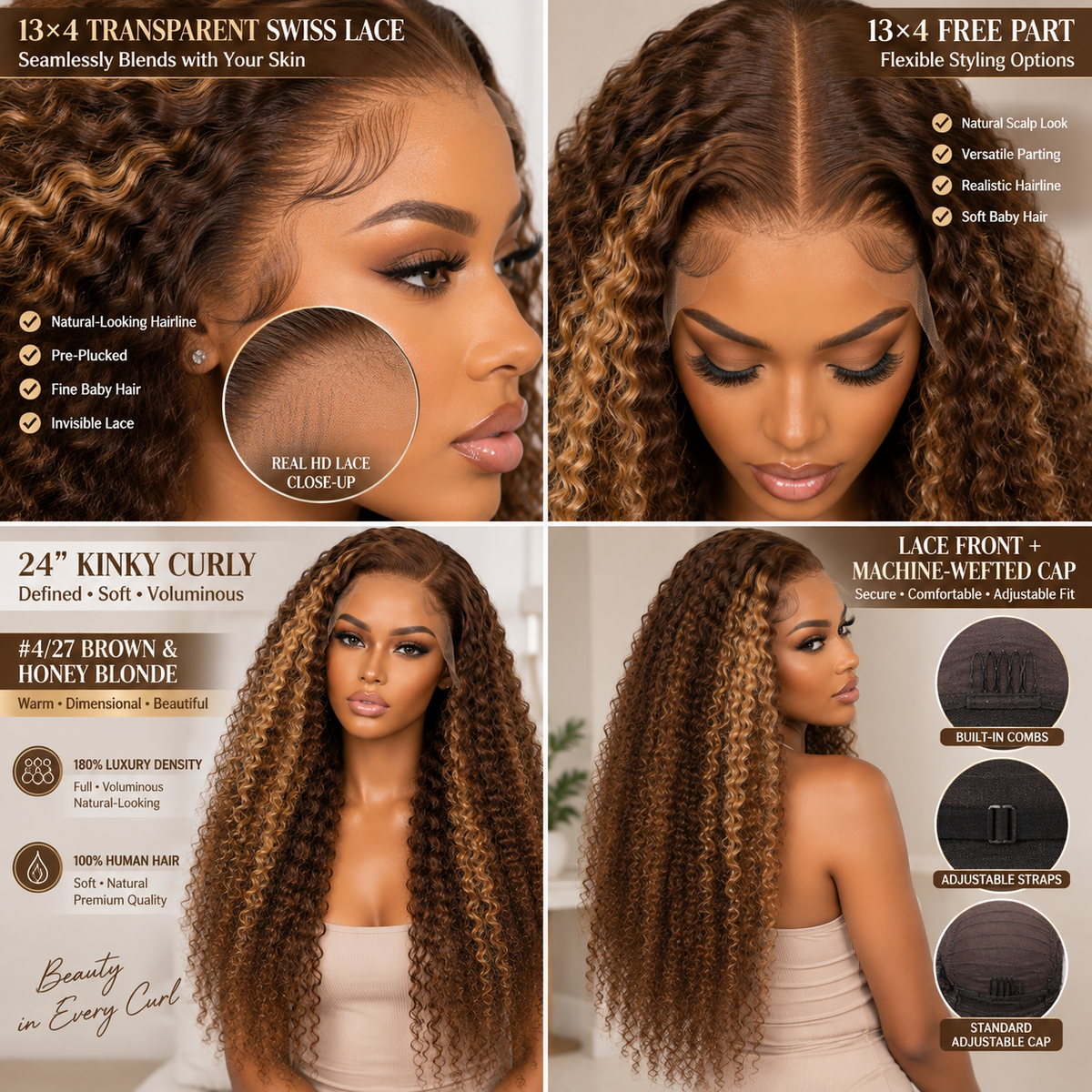13×4 Lace Front Human Hair Wig – 24″ Kinky Curly – #4/27 – 180% Density Clessenza Beauty Store