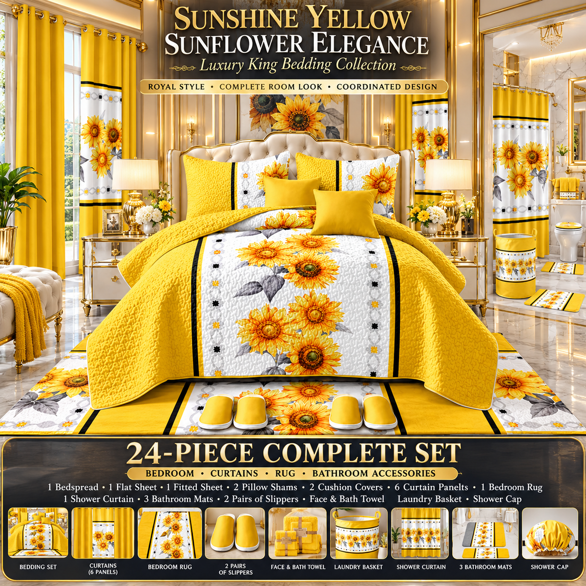 24-Piece Luxury King Size Bedding Set with Matching Curtains & Bathroom Accessories – Sunshine Yellow Sunflower Elegance Clessenza Beauty Store