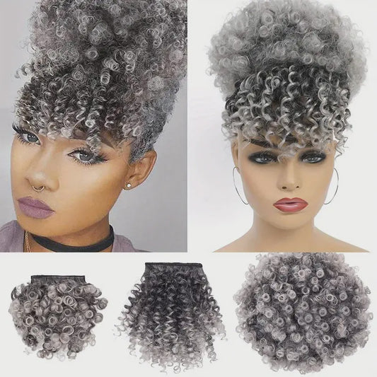 6 Inch Afro Puff Drawstring Kinky Curly Ponytail Extensions (1B/Grey)