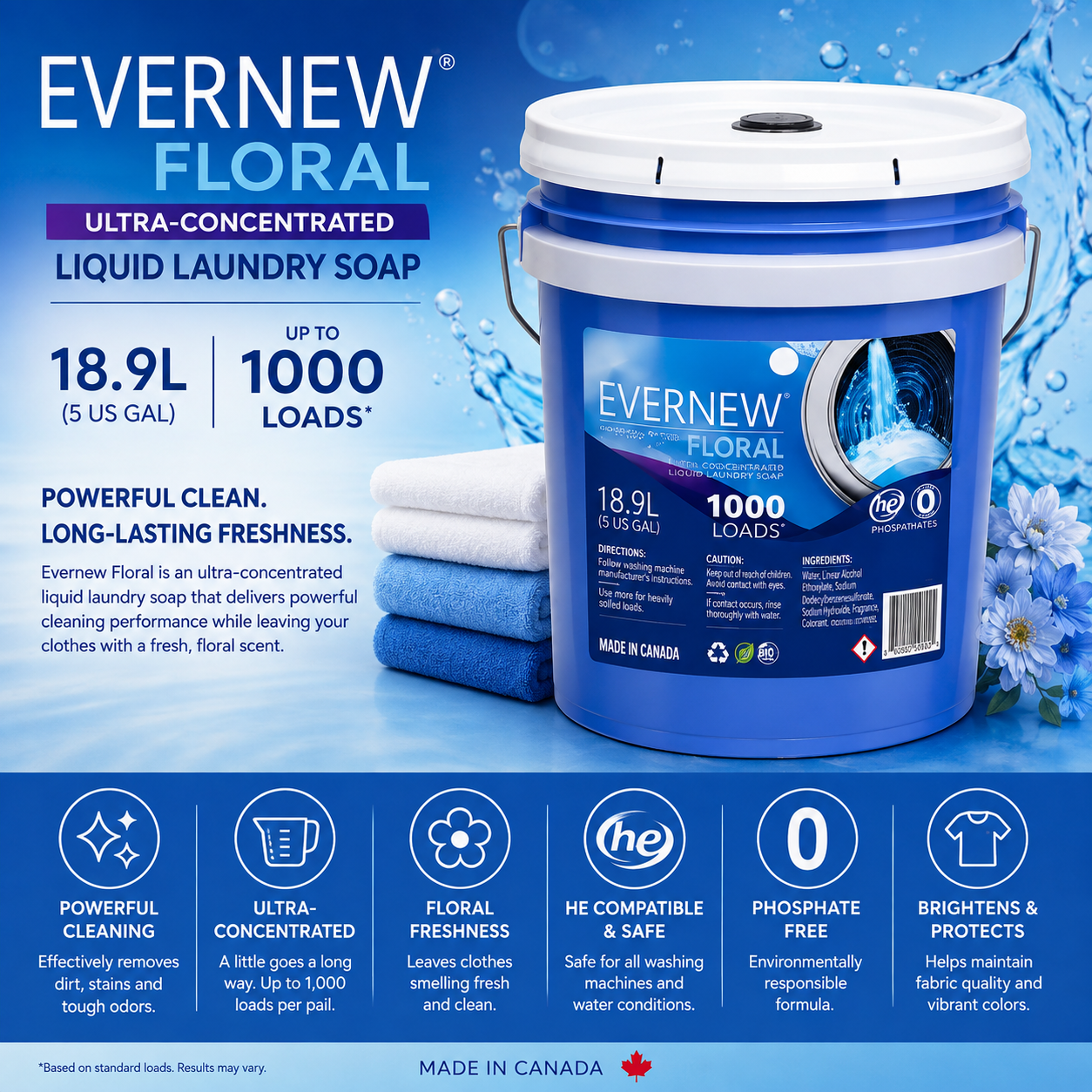 Evernew – Floral Laundry Detergent Ultra-Concentrated Liquid Laundry Soap, 18.9L (Up to 1,000 Loads) Evernew
