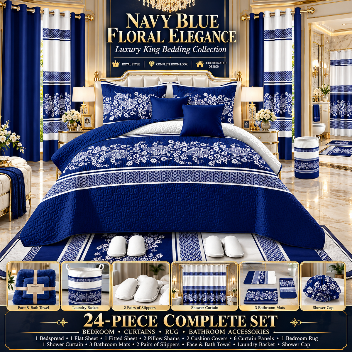 24-Piece Luxury King Size Bedding Set with Matching Curtains & Bathroom Accessories – Navy Blue Floral Elegance Clessenza Beauty Store