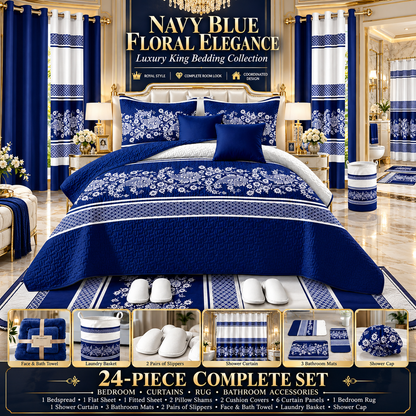 24-Piece Luxury King Size Bedding Set with Matching Curtains & Bathroom Accessories – Navy Blue Floral Elegance Clessenza Beauty Store