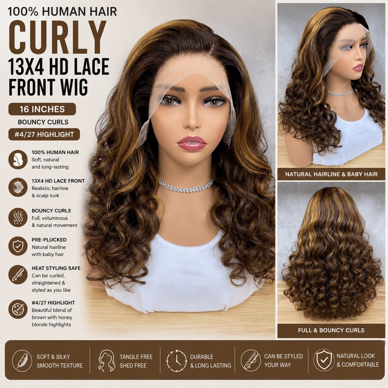 100% Human Hair Curly 13x4 HD Lace Front Wig – 16″ Bouncy Curls, #4/27 Highlight