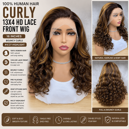 100% Human Hair Curly 13x4 HD Lace Front Wig – 16″ Bouncy Curls, #4/27 Highlight
