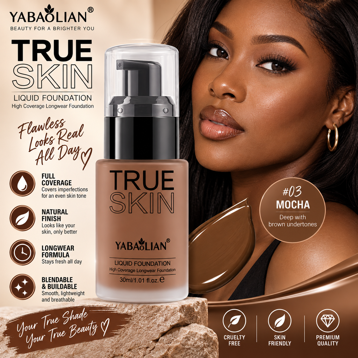 Yabaolian True Skin Liquid Foundation – Full Coverage Natural Finish Foundation Clessenza Beauty Store