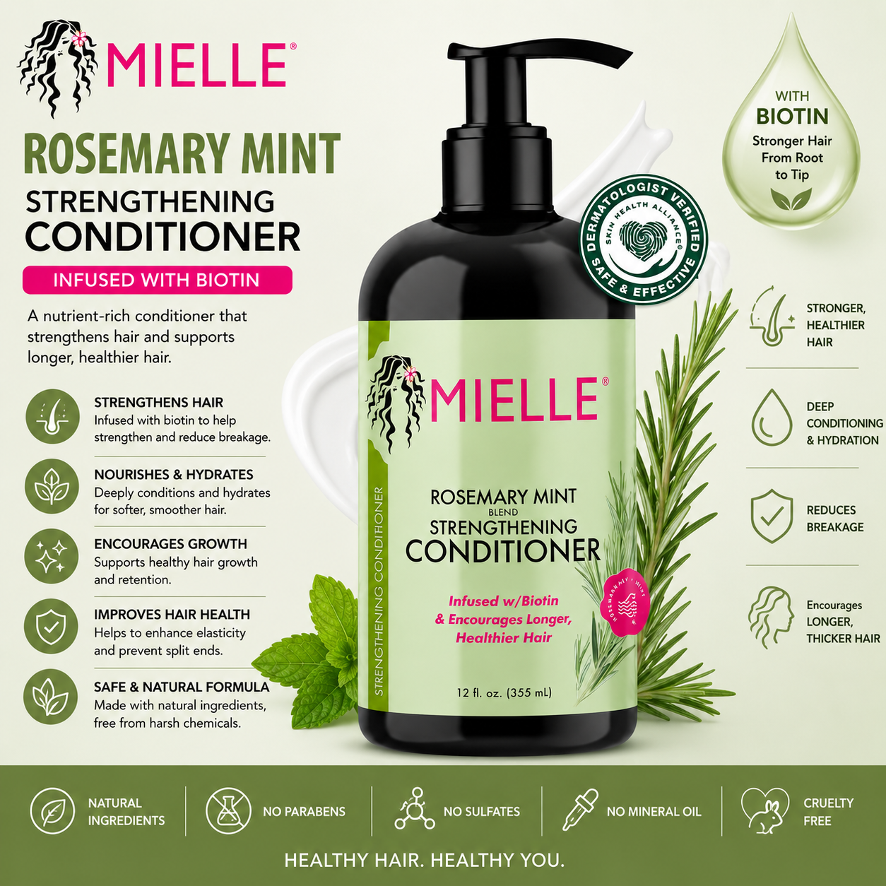 Mielle – Rosemary Mint Strengthening Conditioner with Biotin, 12 fl oz Mielle Organics