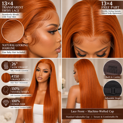 13×4 Lace Front Human Hair Wig – Straight 26″ – #350 Orange Ginger Clessenza Beauty Store