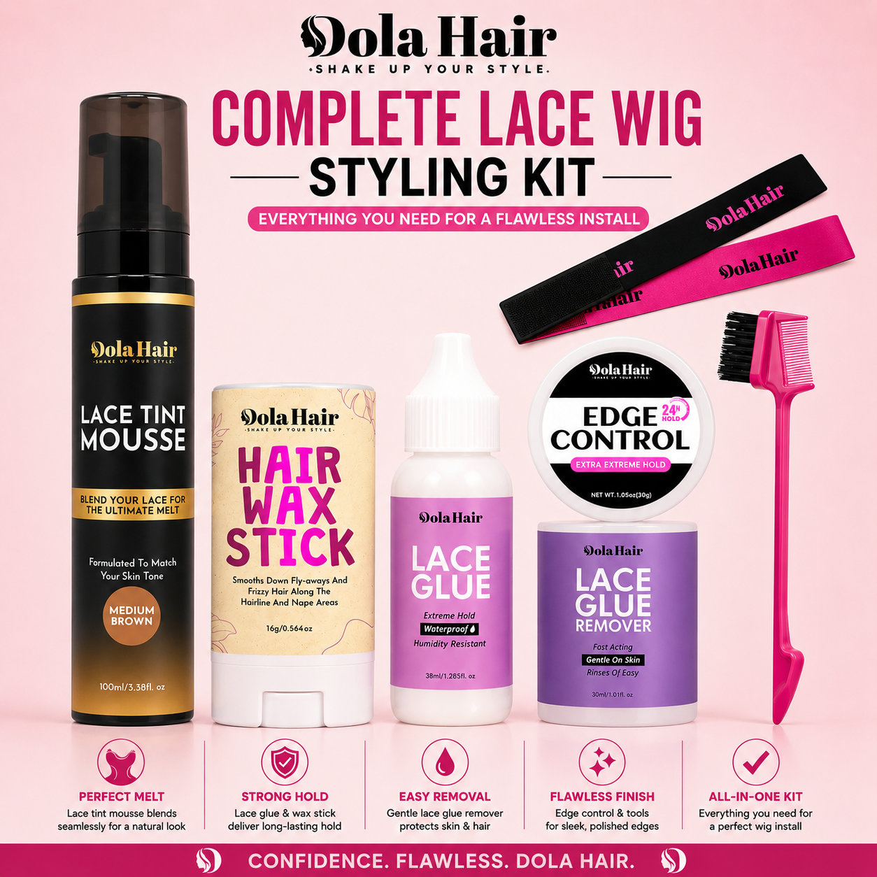 Dola Hair – Complete Lace Wig Styling Kit – Lace Tint Mousse, Glue, Remover, Wax Stick & Edge Control Set