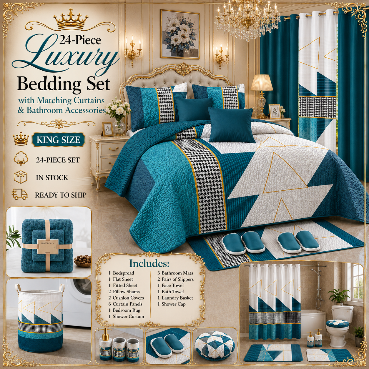 24-Piece Luxury King Size Bedding Set with Matching Curtains & Bathroom Accessories – Teal & Gold Geometric Elegance Clessenza Beauty Store