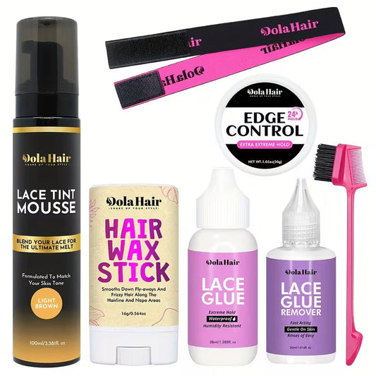 DolaHair Complete Lace Wig Essentials Kit – Lace Tint Mousse, Wig Glue, Glue Remover, Hair Wax Stick, Edge Control & Styling Tools DolaHair