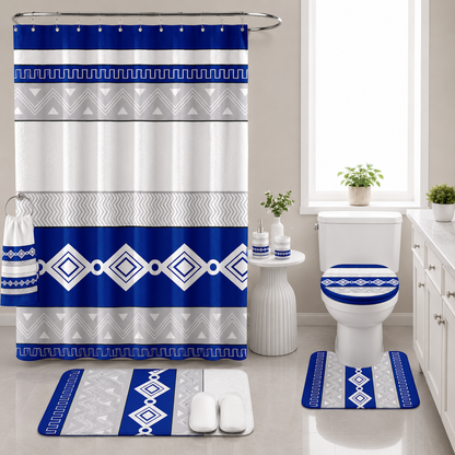 24-Piece King Size Blue & White Geometric Luxury Bedding Set with Curtains & Bathroom Accessories
