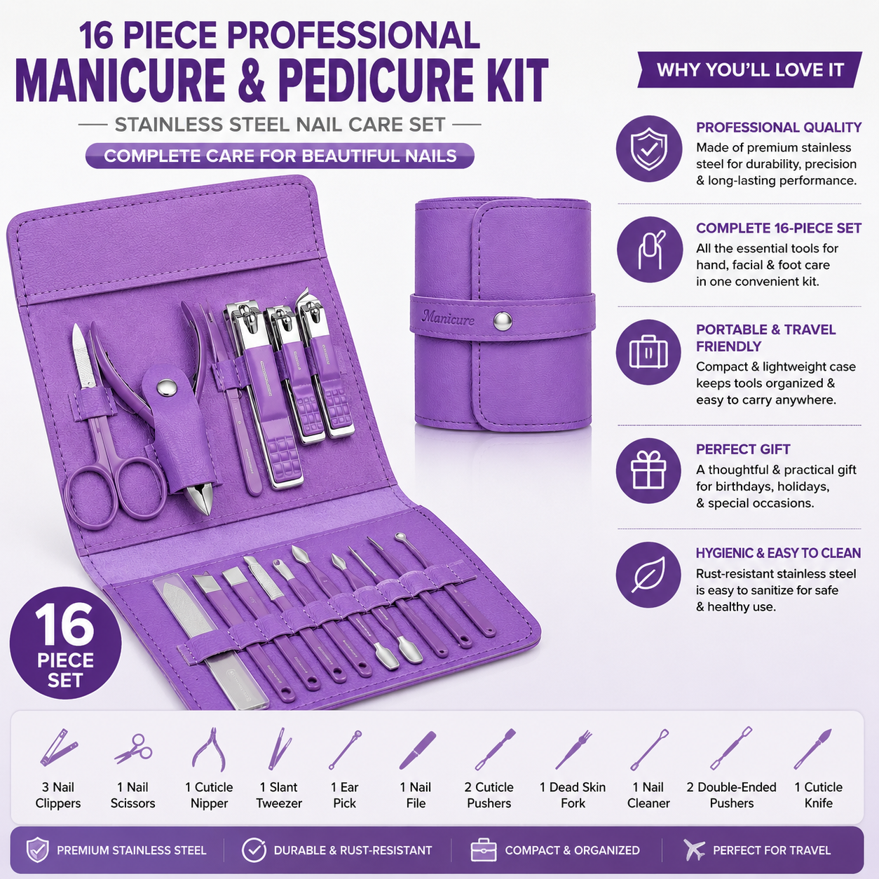 16 Piece Professional Manicure & Pedicure Kit – Stainless Steel Nail Care Set with Travel Case Clessenza Beauty Store
