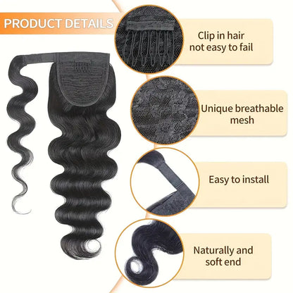 Ultimate Elegance: 16-inch Long Luxurious Natural Human Hair Body Wave Wrap Around Clip In, Ponytail Extension