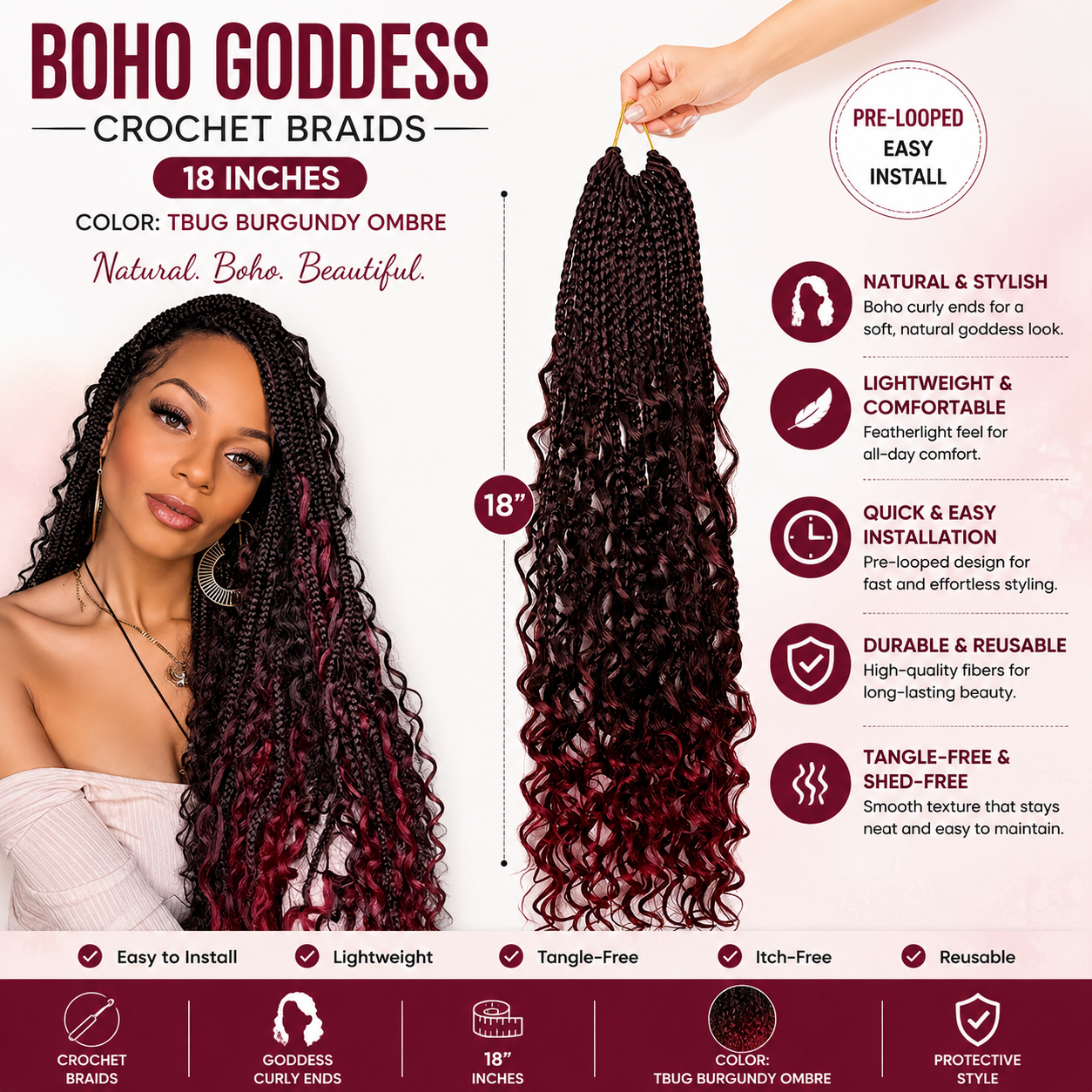 Boho Goddess Crochet Braids 18″ – Curly-End Protective Braiding Hair, Color #TBUG Burgundy Ombre Clessenza Beauty Store