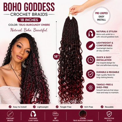 Boho Goddess Crochet Braids 18″ – Curly-End Protective Braiding Hair, Color #TBUG Burgundy Ombre Clessenza Beauty Store