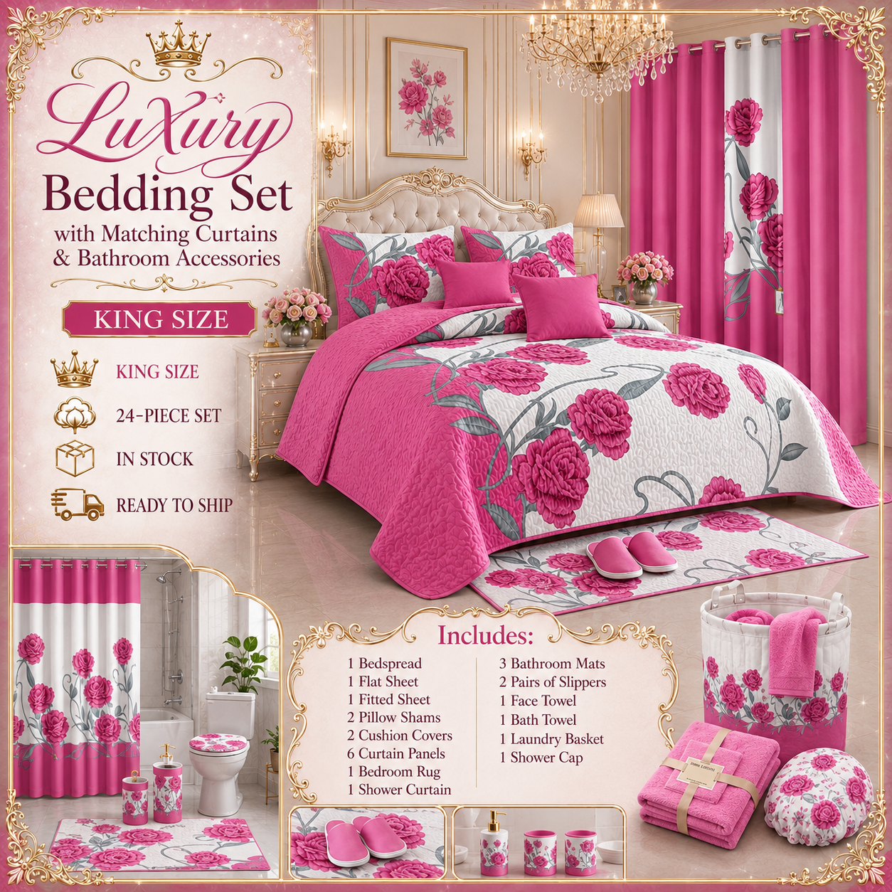 24-Piece Luxury Bedding Set with Matching Curtains & Bathroom Accessories – Pink Floral Elegance Clessenza Beauty Store