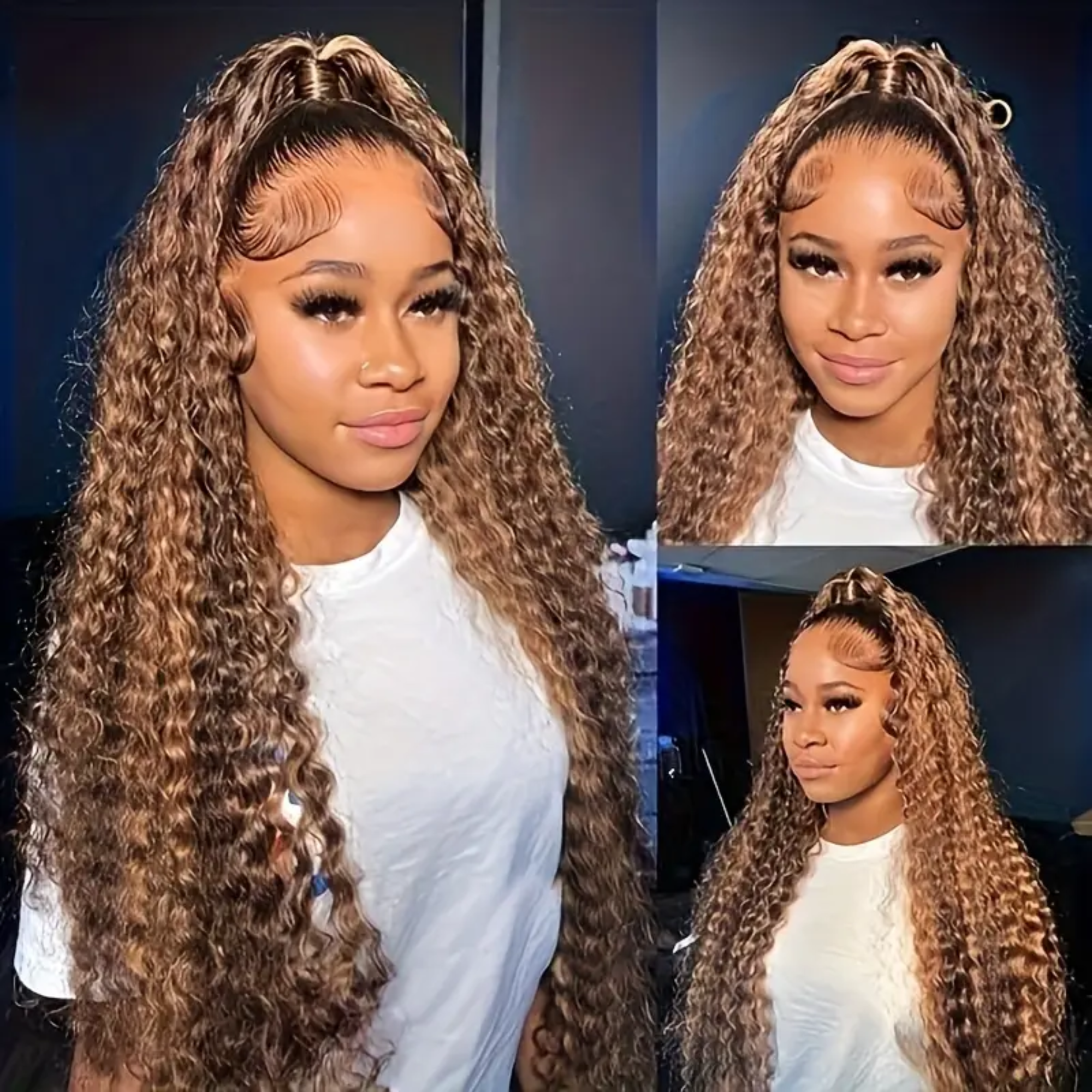 A collage of three images showcasing a lace frontal water wave human hair wig with #4/27 brown and blonde highlighted color. The images display the wig in various hairstyles, including center and side parting, with a focus on the realistic appearance and voluminous waves.