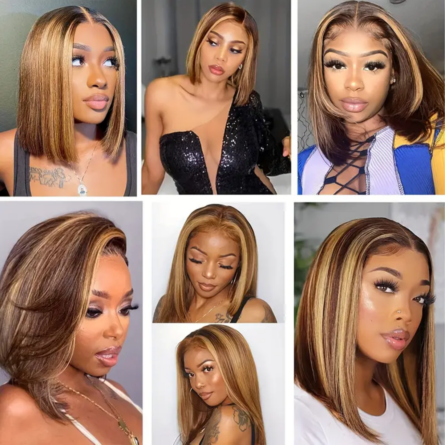 Splendid Medium Brown & Honey Blonde highlights Human Hair Bob Wig - 13x4 Lace Frontal, 4/27, 10 inches