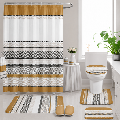 Ensemble de Literie Luxe Géométrique Brun 24 Pièces King avec Rideaux et Accessoires de Salle de Bain