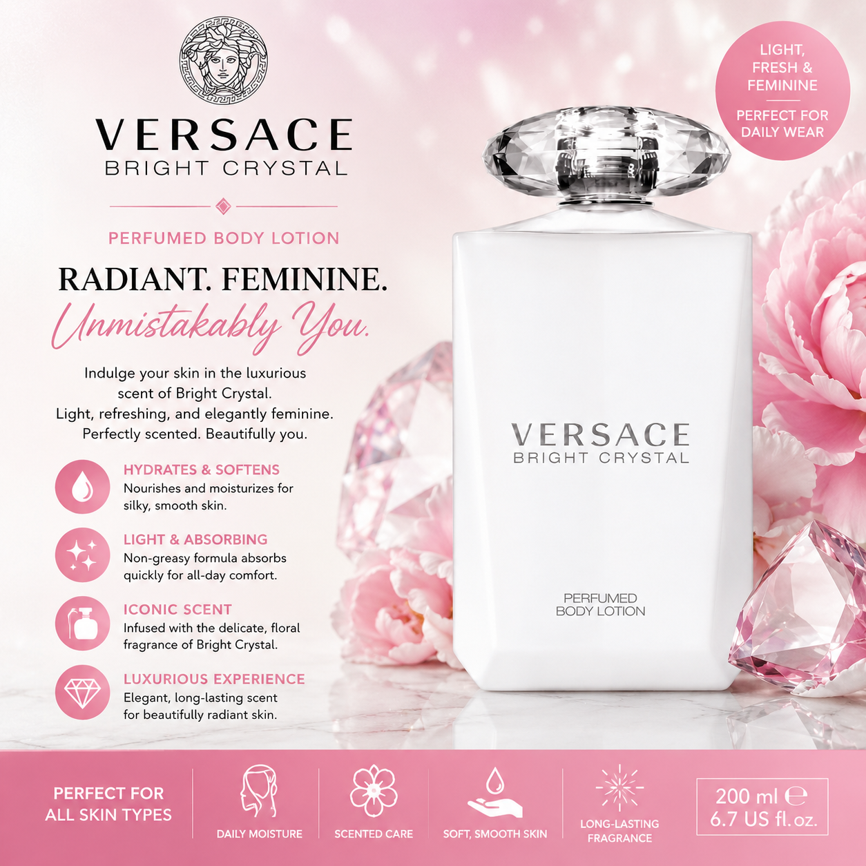 Versace Bright Crystal Perfumed Body Lotion – Luxury Hydrating Fragrance Lotion