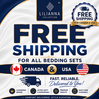 Advertisement for LILIANNA Collection bedding sets with free shipping offer for Canada and USA.