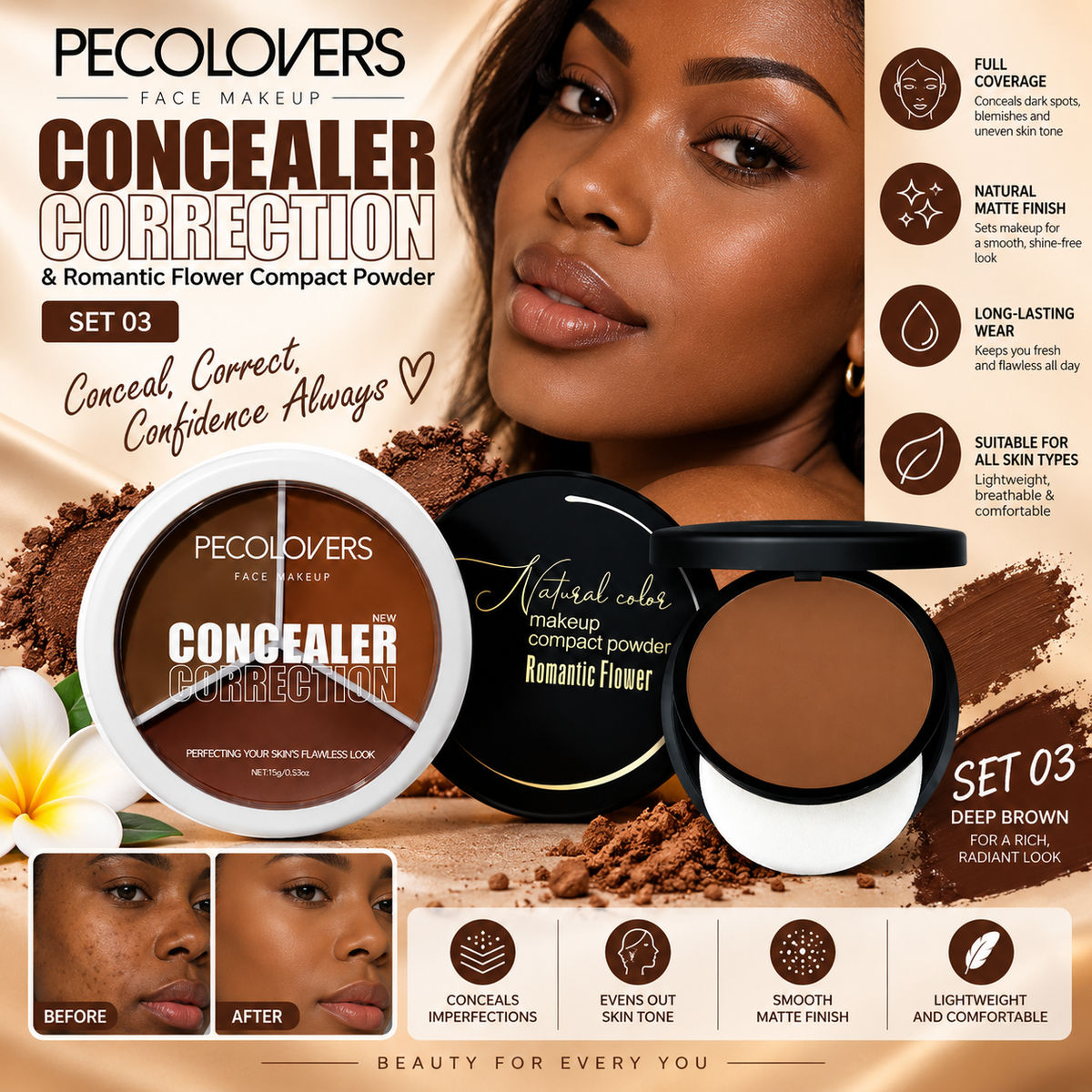 Pecolovers Concealer Correction & Romantic Flower Compact Powder Set – Full Coverage Face Makeup Duo Clessenza Beauty Store
