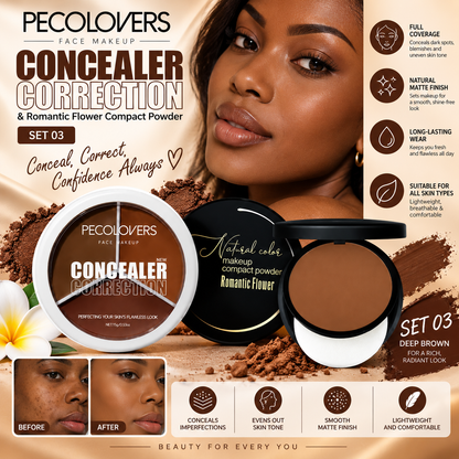 Pecolovers Concealer Correction & Romantic Flower Compact Powder Set – Full Coverage Face Makeup Duo Clessenza Beauty Store