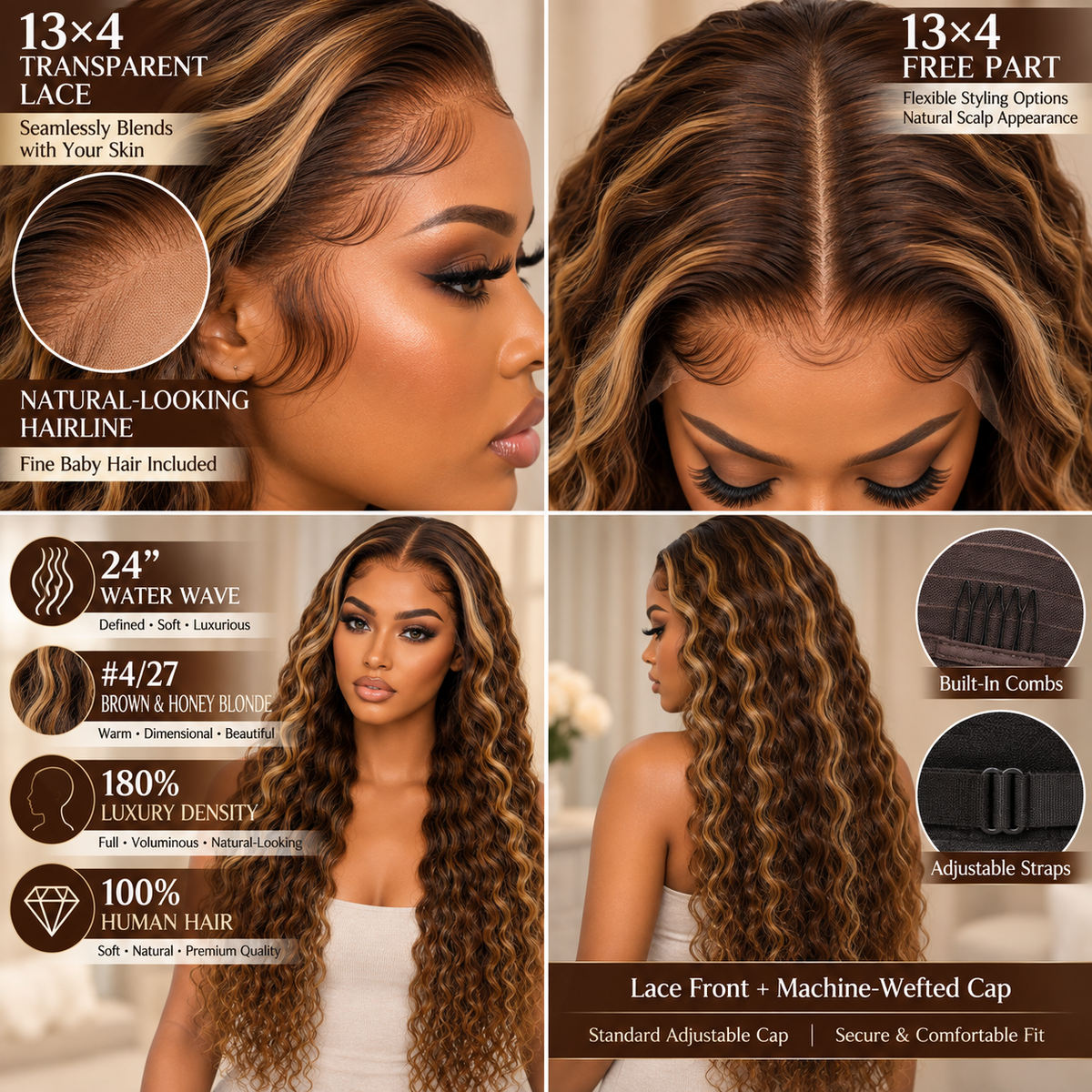 13×4 Lace Front Human Hair Wig – 24″ Water Wave – #4/27 – 180% Density Clessenza Beauty Store