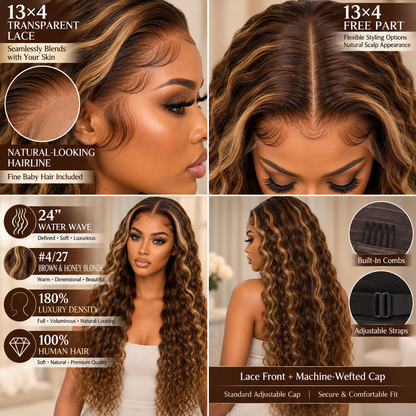 13×4 Lace Front Human Hair Wig – 24″ Water Wave – #4/27 – 180% Density Clessenza Beauty Store