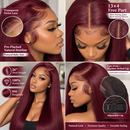 13×4 Lace Front Human Hair Wig – Straight 26″ – 99J Burgundy Clessenza Beauty Store