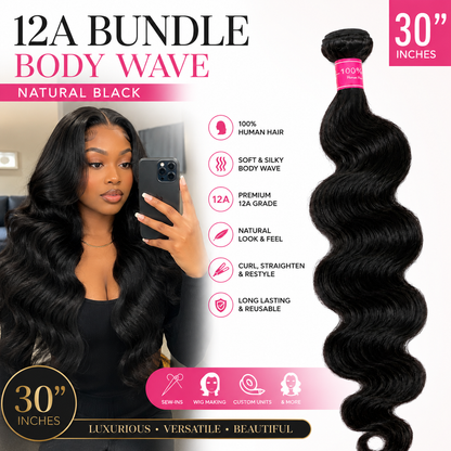 12A Human Hair Bundle – 30" Body Wave – Natural Black Clessenza Beauty Store