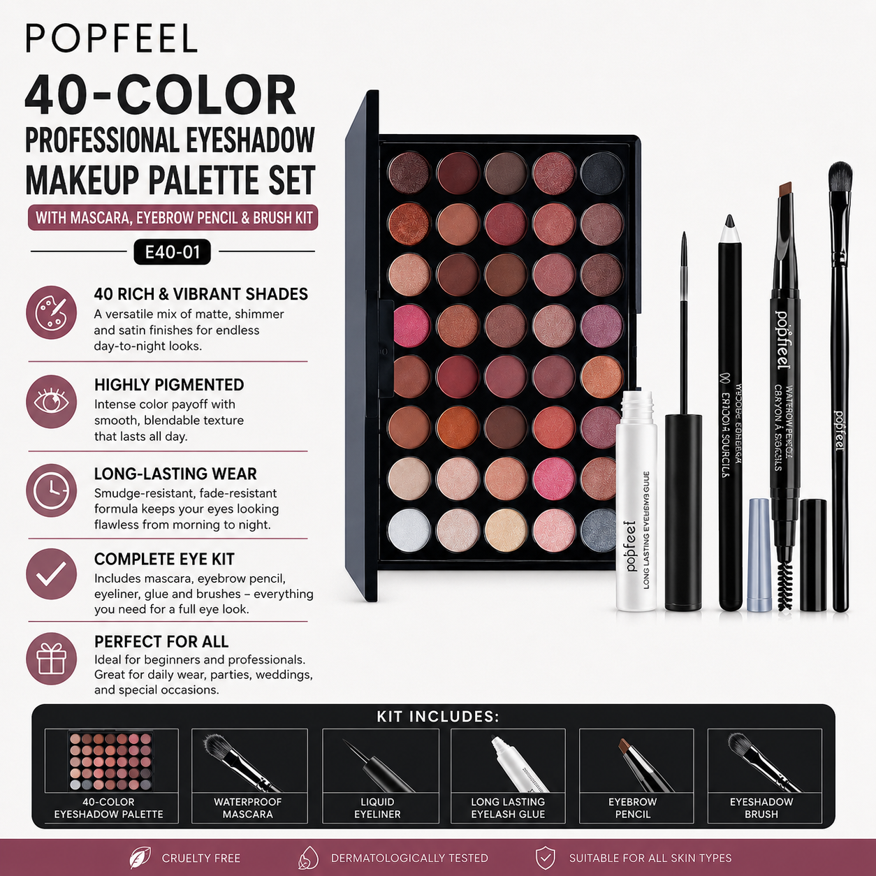 POPFEEL 40-Color Professional Eyeshadow Makeup Palette Set with Mascara, Eyebrow Pencil & Brush Kit – E40-01 Popfeel