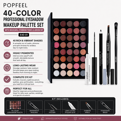 POPFEEL 40-Color Professional Eyeshadow Makeup Palette Set with Mascara, Eyebrow Pencil & Brush Kit – E40-01 Popfeel