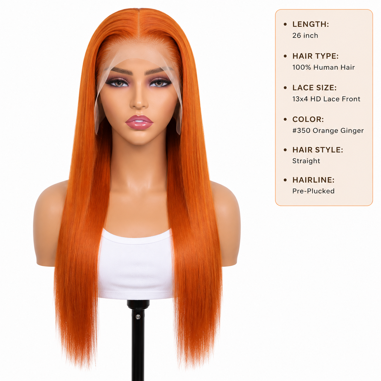 #350 Orange Ginger Straight Human Hair Wig 26″ – 13x4 HD Lace Front, Pre-Plucked Clessenza Beauty Store