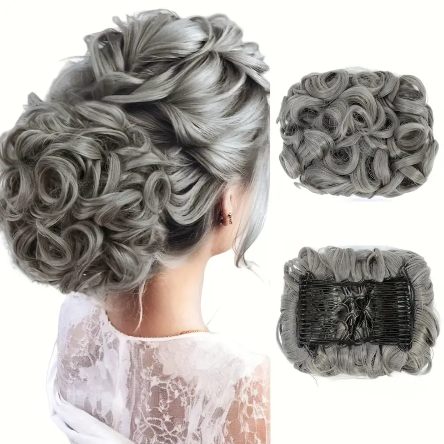 6 Inch Messy Bun Curly Synthetic Combs In Ponytail Extension (Grey)