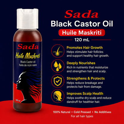 A bottle of Sada Black Castor Oil (Huile Maskriti) 120 mL shown on a dark navy blue background with red and white graphic elements and text detailing its hair growth benefits.