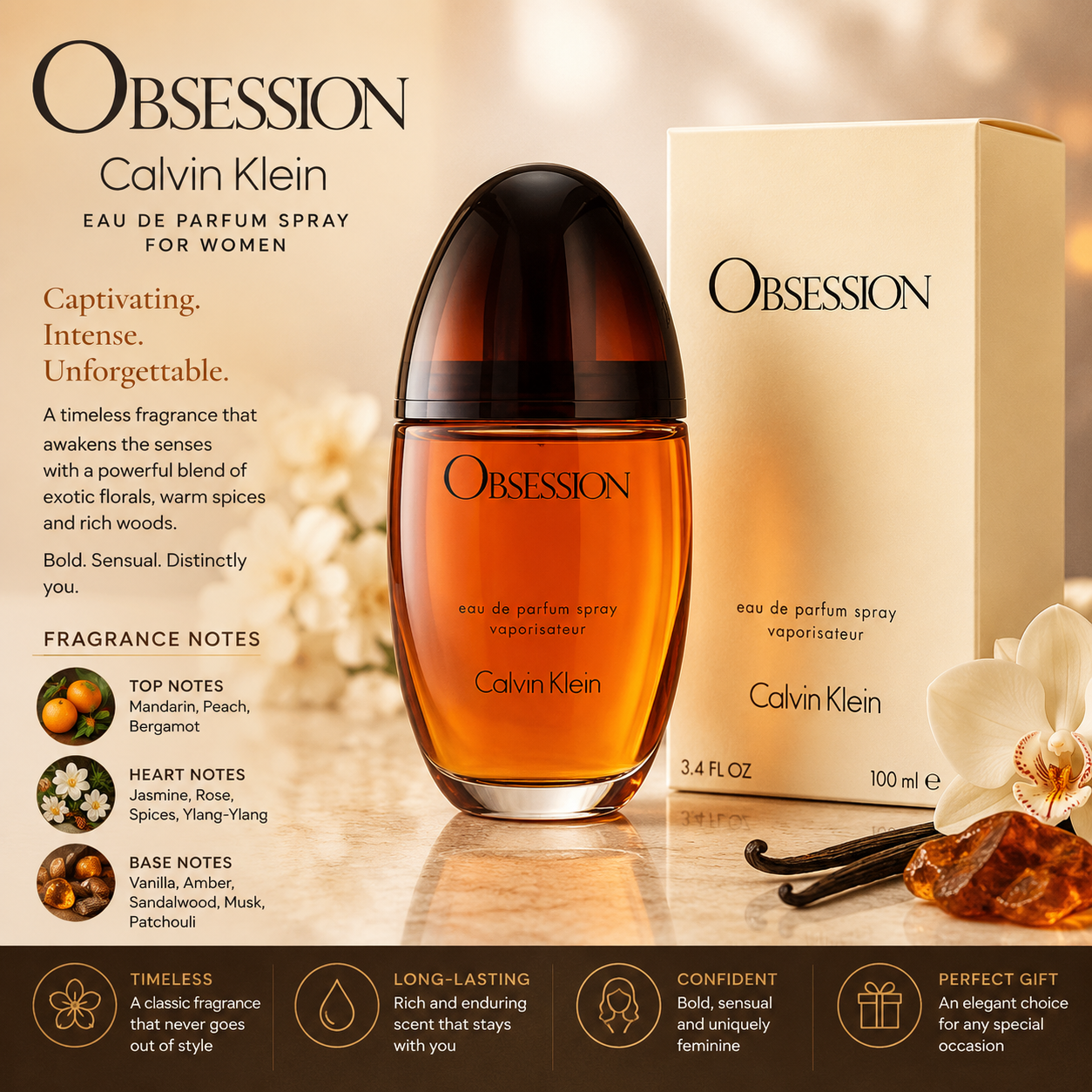 Calvin Klein Obsession Eau de Parfum Spray for Women – Warm Oriental Signature Fragrance