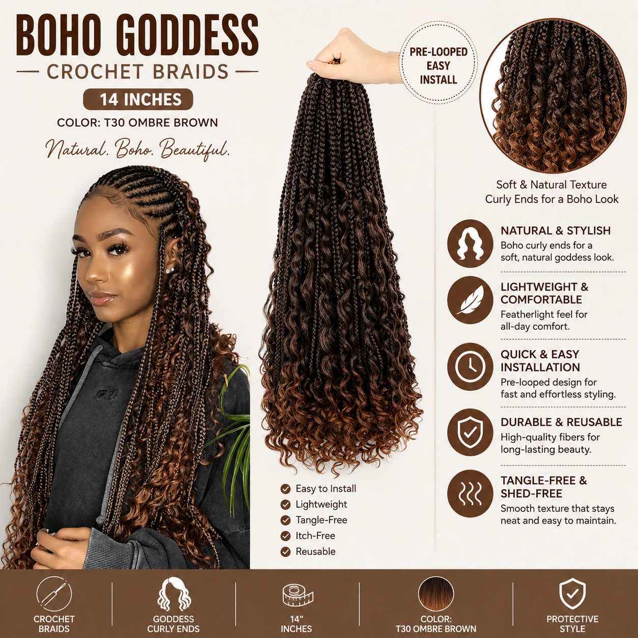 Boho Goddess Crochet Braids 14″ – Curly-End Protective Braiding Hair, Color #T30 Ombre Brown Clessenza Beauty Store