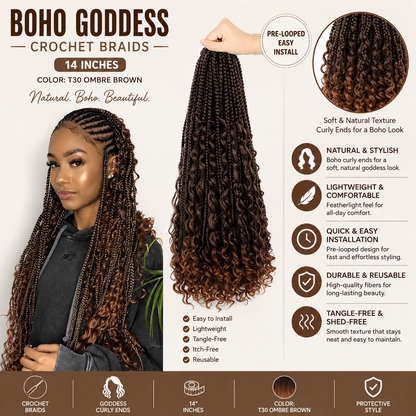 Boho Goddess Crochet Braids 14″ – Curly-End Protective Braiding Hair, Color #T30 Ombre Brown Clessenza Beauty Store