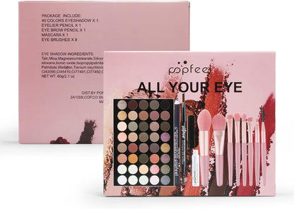 Popfeel - 40 Colors Eyeshadow Palette Kit with Makeup Brushes, Brow Pencil & Mascara