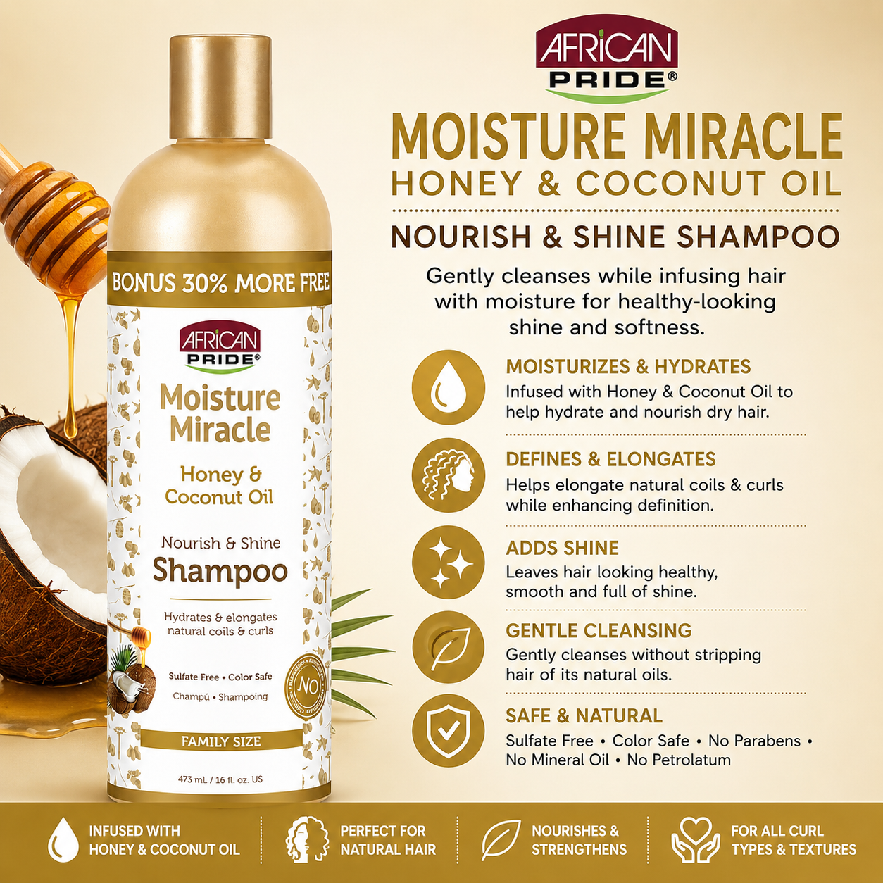 African Pride – Moisture Miracle Honey & Coconut Oil Nourish & Shine Shampoo, 16 fl oz African Pride