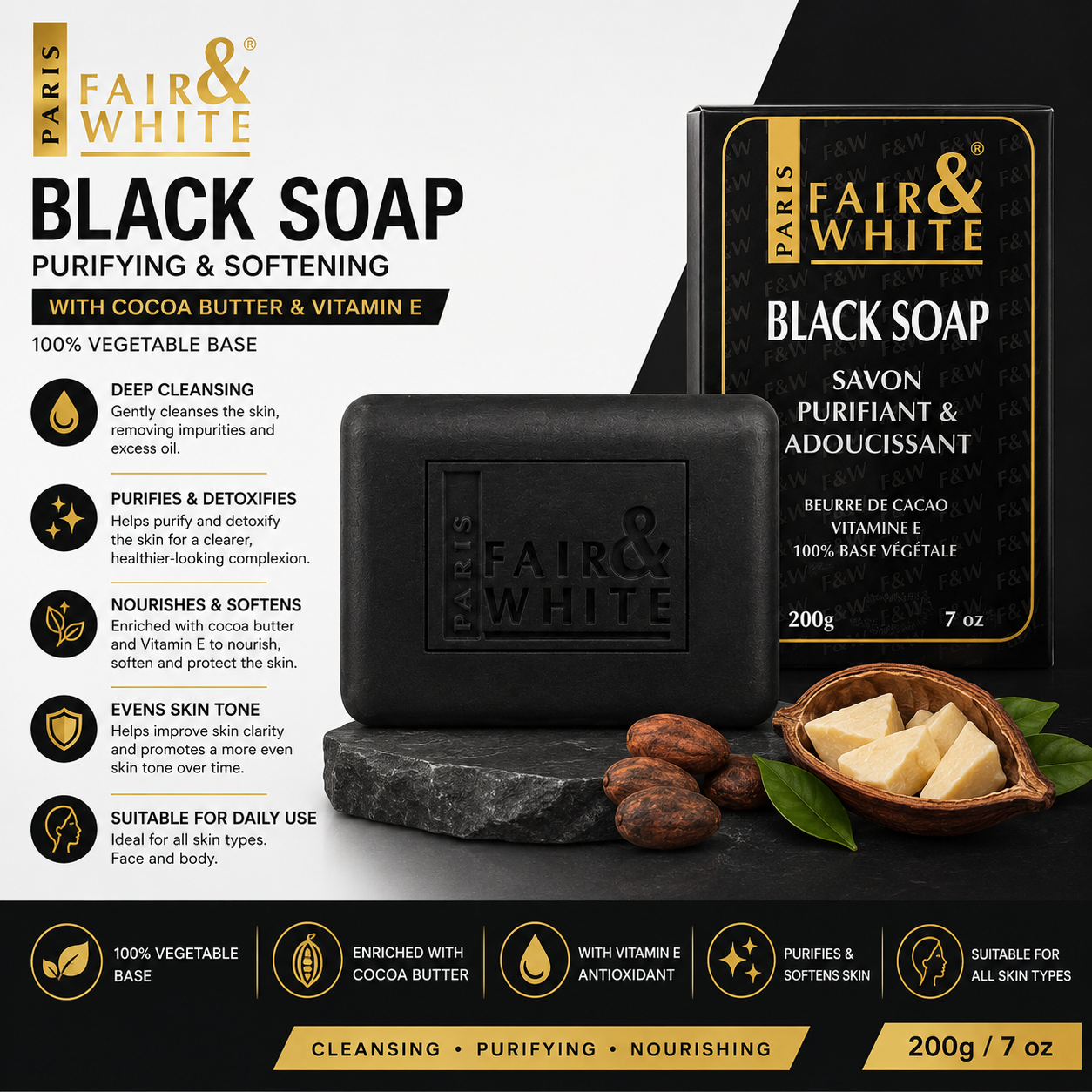 Fair & White Paris – Original Purifying Black Soap with Cocoa Butter & Vitamin E, 200g