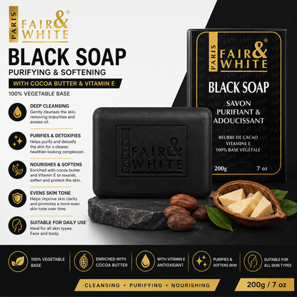 Fair & White Paris – Original Purifying Black Soap with Cocoa Butter & Vitamin E, 200g