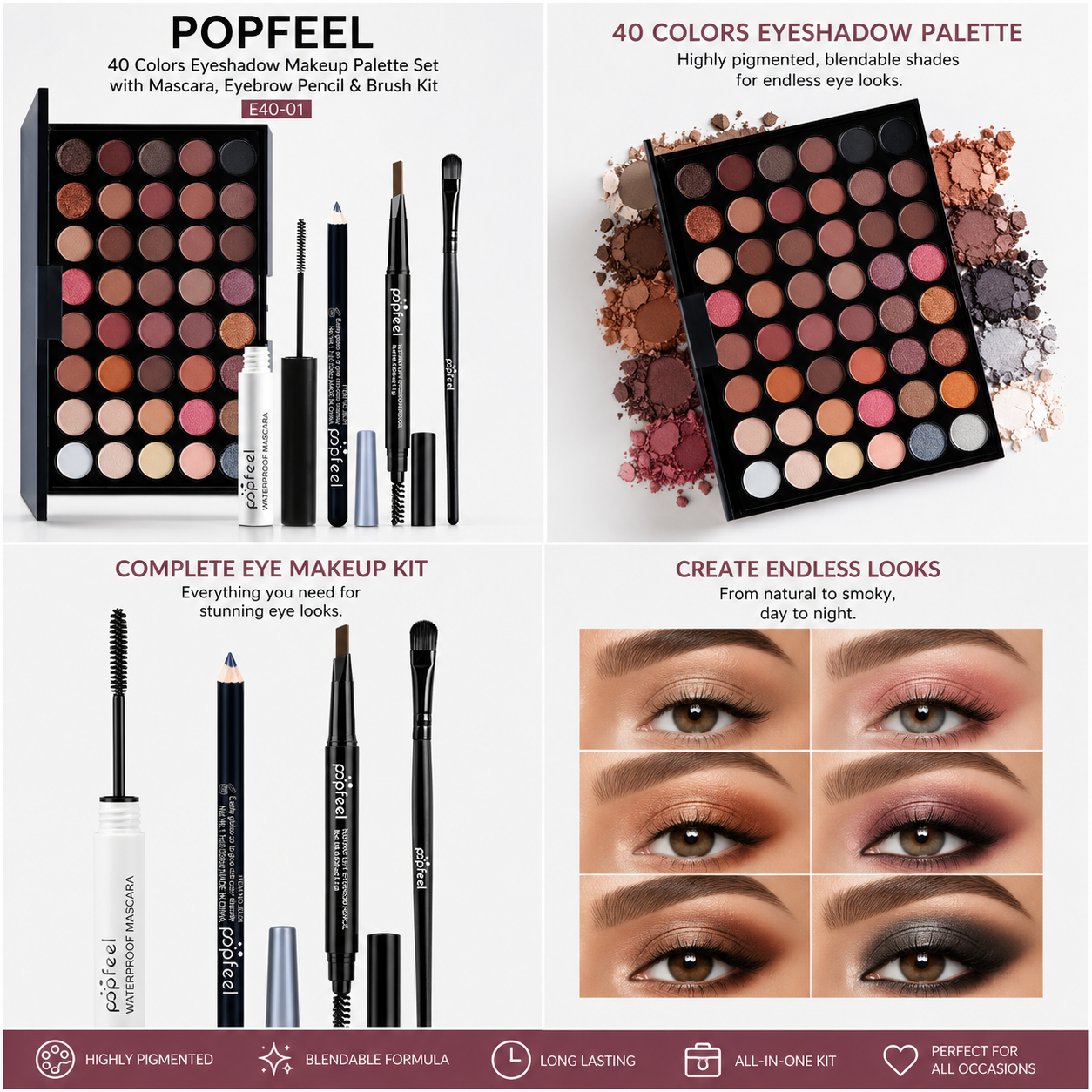Palette de Maquillage POPFEEL 40 Couleurs avec Mascara, Crayon à Sourcils et Kit de Pinceaux