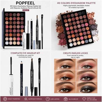 Palette de Maquillage POPFEEL 40 Couleurs avec Mascara, Crayon à Sourcils et Kit de Pinceaux