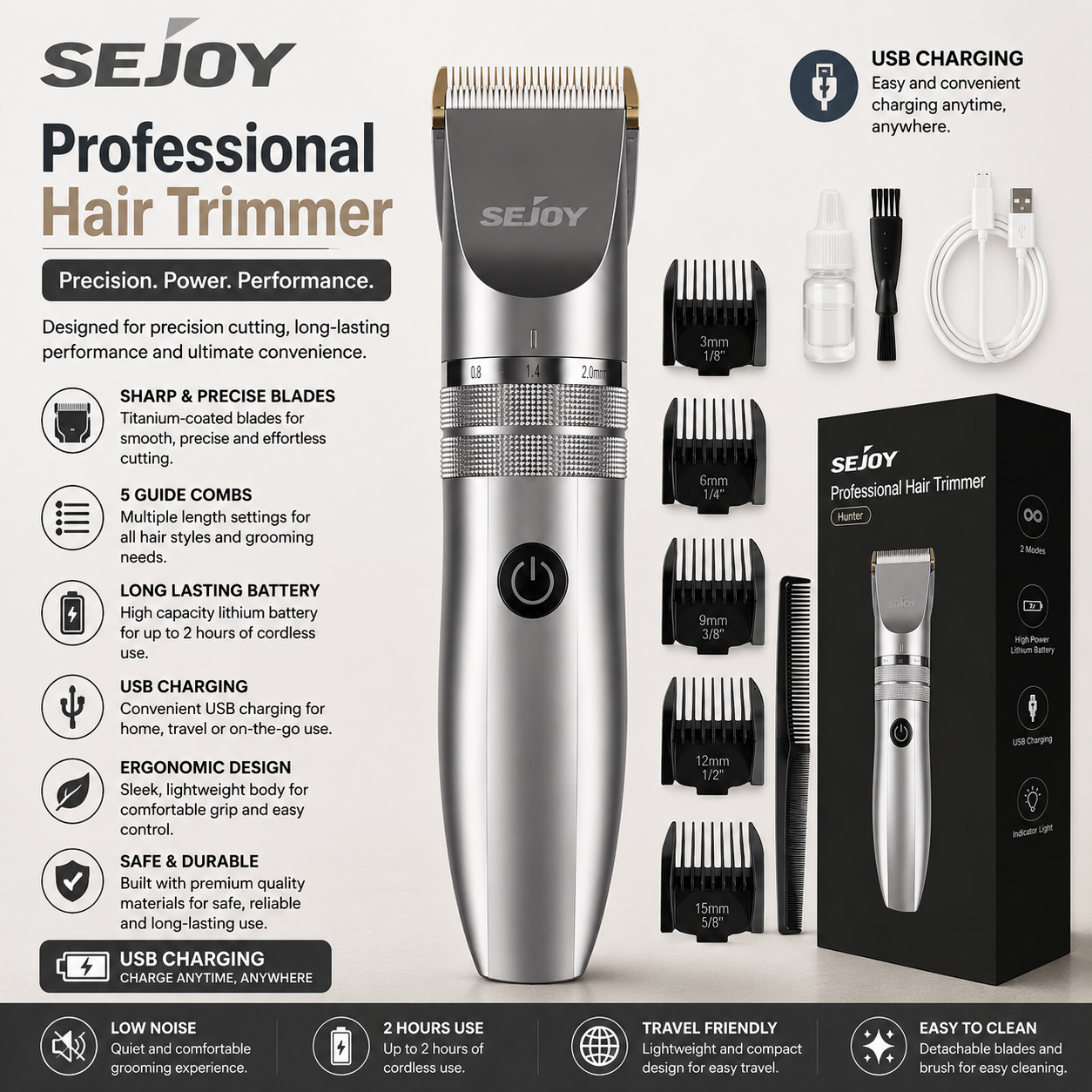SEJOY – Tondeuse Professionnelle pour Cheveux Rechargeable USB