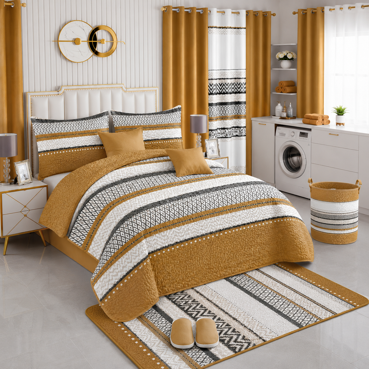 Ensemble de Literie Luxe Géométrique Brun 24 Pièces King avec Rideaux et Accessoires de Salle de Bain