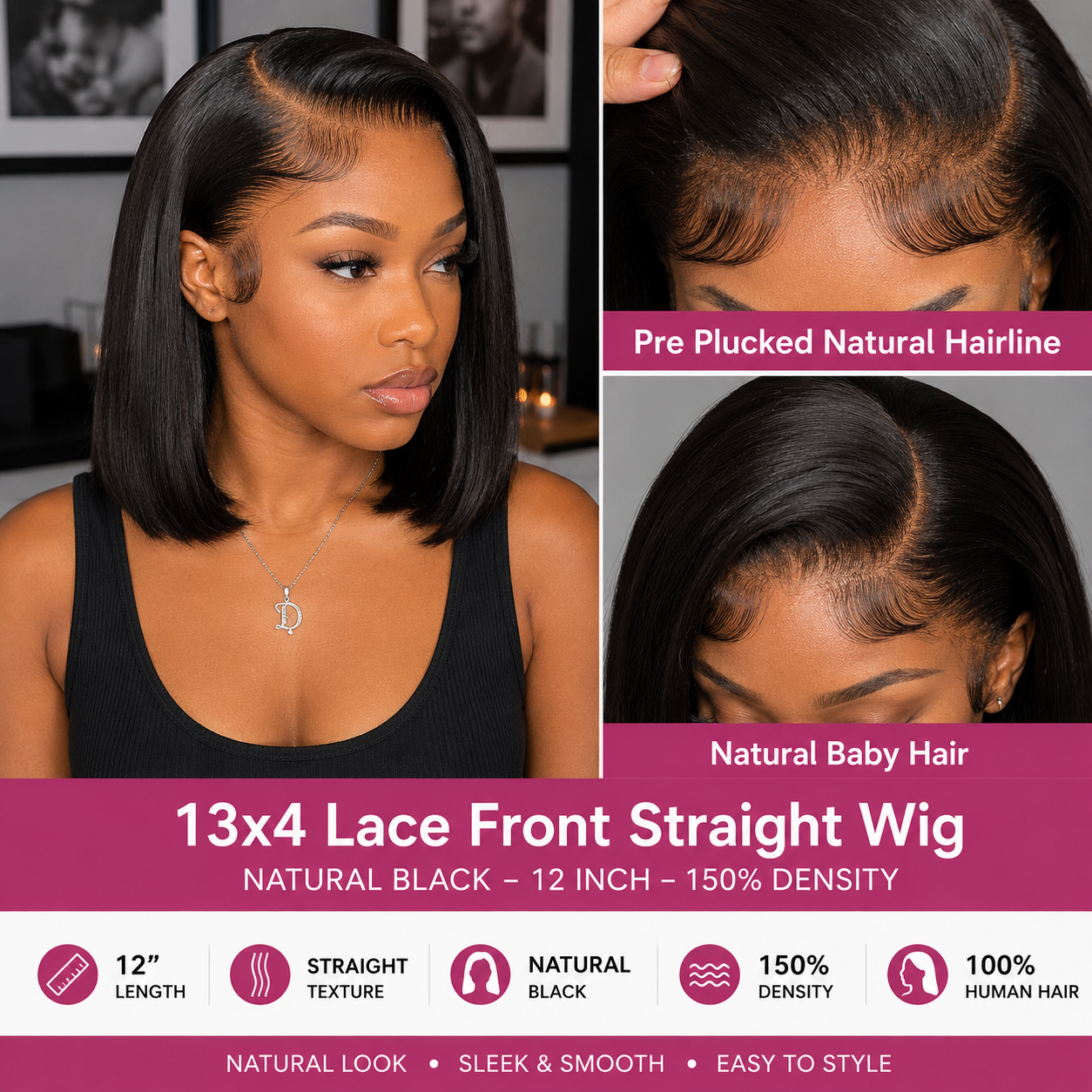 13×4 Lace Front Human Hair Bob Wig – 12″ Straight – Natural Black – 150% Density Clessenza Beauty Store