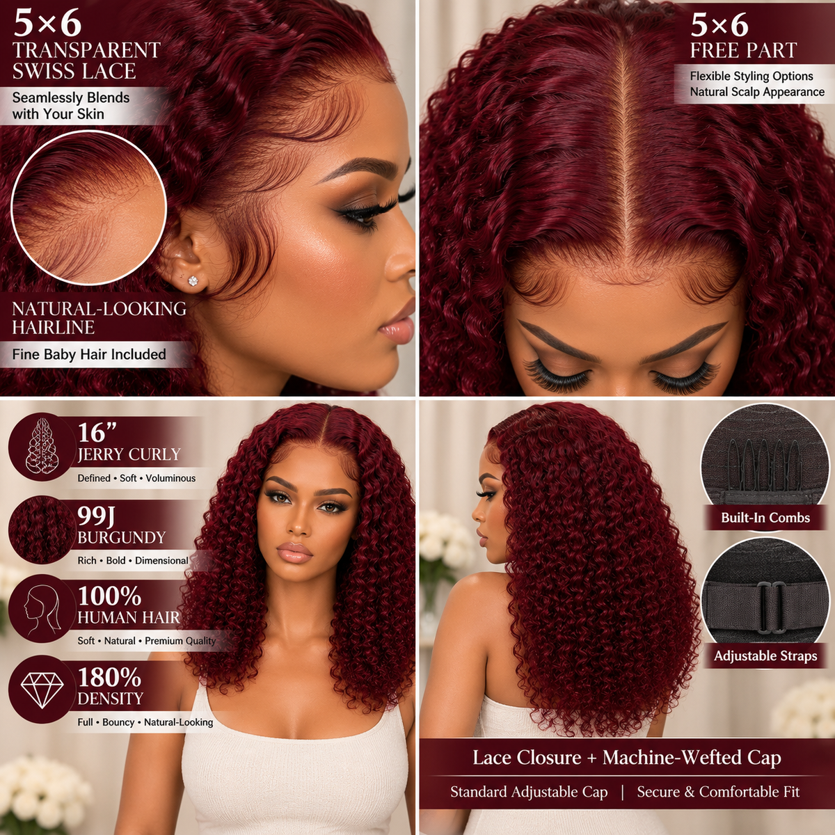 5×6 Closure Human Hair Wig – Jerry Curly 16″ – 99J Burgundy Clessenza Beauty Store