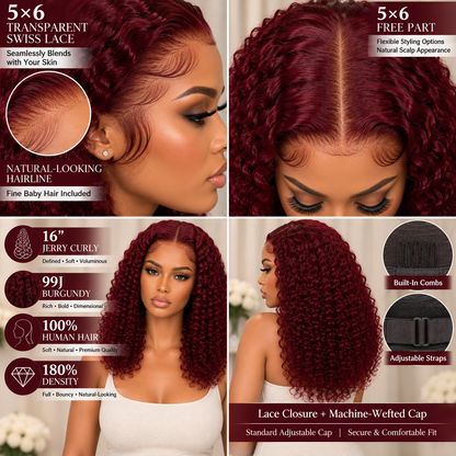 5×6 Closure Human Hair Wig – Jerry Curly 16″ – 99J Burgundy Clessenza Beauty Store